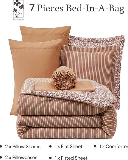 Full Comforter Set - 7 Pieces Autumn Leaf Gauze Muslin Bedding Sets for All Seasons, Lightweight Breathable Bed in a Bag Full with Revesible Farmhouse Comforter, Sheets, Pillowcases & Shams