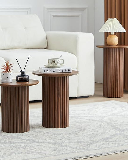 Round Nesting Coffee Table Set of 3,Mid Century Modern Fluted Coffee and End Table Set,Small Circle Wooden Side Table Drink Table for Living Room (Walnut)