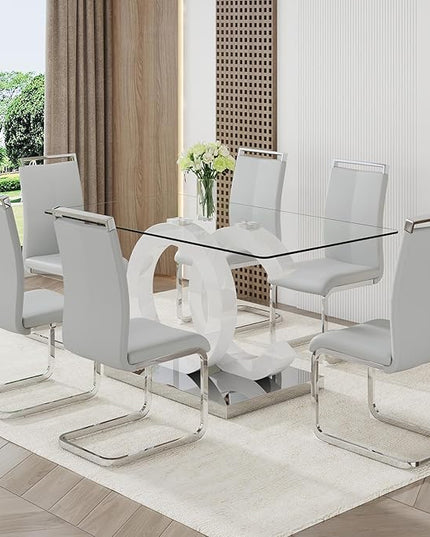Ebullient Glass Dining Table Set for 6 ，7 Piece Dining Table Set,Tempered Glass Table Top，White Modern Dining Room Table with 6 PU Leather Ergonomic Dining Chairs