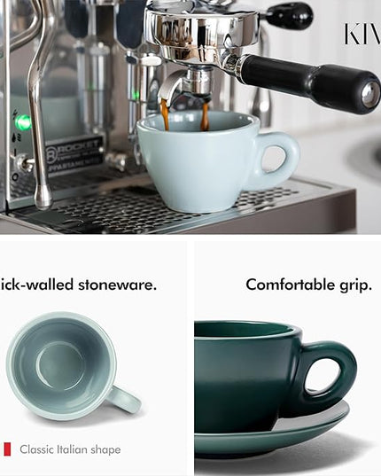 KIVY Cappuccino cups set of 4 [8oz] - Thick-walled stoneware cappuccino cup set for latte art - Cappuccino coffee cups - Tazas de cafe - Latte cups - Latte art cup and saucer set of 4 - Green, Blue