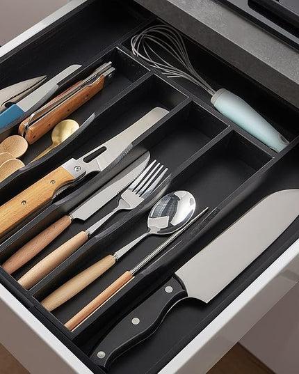 Expandable Bamboo Kitchen Drawer Organizer for Cutlery and Utensils, Adjustable Bamboo Wood Cutlery Tray in Drawer for Flatware and Silverware in Kitchen, (Black)