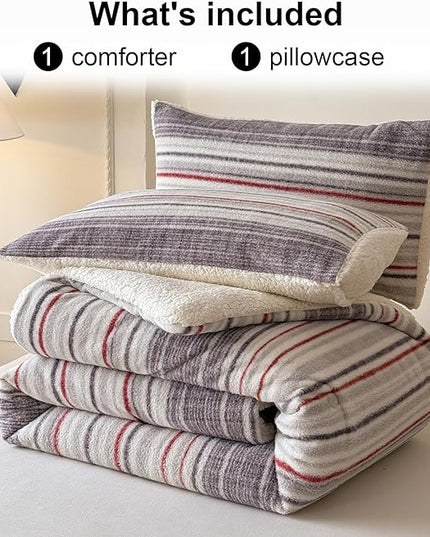 Cyusri Striped Sherpa Comforter Set 2Pcs Fluffy Warm Fleece Down Alternative, Grey Red Bedding Set with 1 Pillowcase, Twin Size 68"x90"