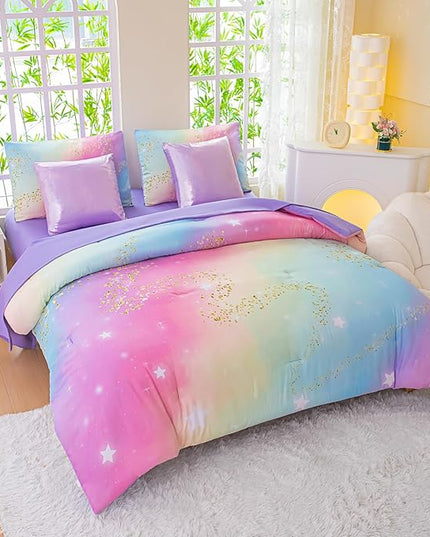 Rainbow Bedding Set Twin Size – 7 Piece Reversible Girls Comforter with Deep-Pocket Sheet, Gradient Galaxy Design, Whole-Piece Filling, Machine Washable Bed-in-a-Bag for Kids Room Makeover & Gifts