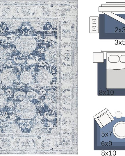 jinchan Fiora Floral 2x3 Rug for Entryway - Vintage Washable Area Rug Ultra-Thin Low Pile Soft Small Non Slip Distressed Indoor Door mat Accent for Entrance Kitchen Bathroom Bedroom (2x3ft, Dark Blue)