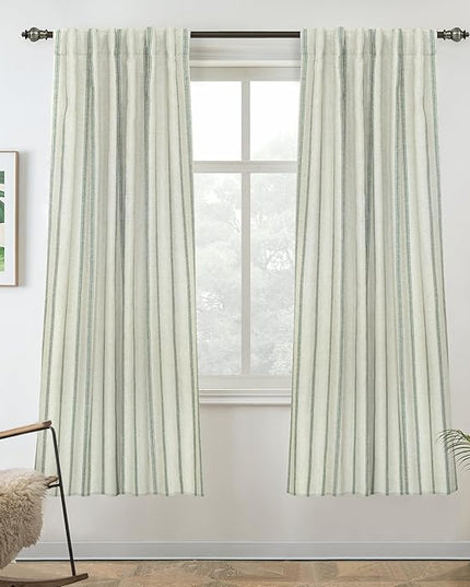 DriftAway Farmhouse Linen Blend Blackout Curtains 63 Inches Long for Bedroom Vertical Striped Printed Linen Curtains Thermal Insulated Lined Treatments for Living Room Pair W52 x L63 Linen Loden Green