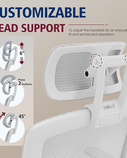 GABRYLLY Ergonomic Office Chair, High Back Home Desk Chair with Headrest, Flip-Up Arms, 90-120° Tilt Lock and Wide Cushion, 400LBS Mesh Chairs for Man Woman, White Task Chair(Grey,GY01WG)
