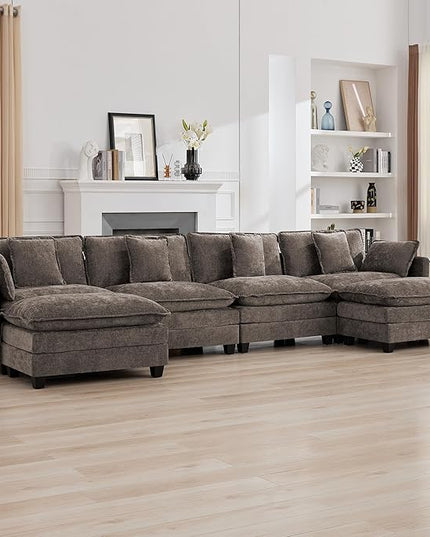 147'' Sectional Cloud Deep Seat Couch, Oversized Chenille U Shaped Sectional Sofa for Living Room Set, Comfy Upholstered Modular Sectional Sofa Couch with Movable Ottoman, Brown
