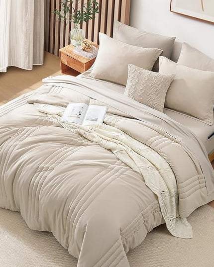 Monbix Full Size Comforter Set - 7 Pieces Beige Bed in a Bag Full Size Bedding Sets with Comforters, All Seasons Comforter with Sheets,Pillowcases & Shams