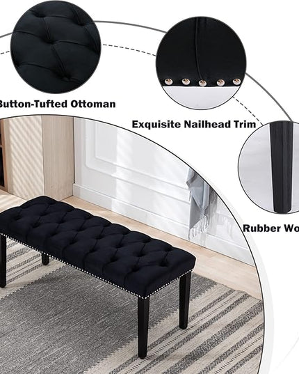 KCC Button-Tufted Ottoman Bench, Upholstered Bedroom Benches Velvet Footrest Stool Accent Bench for Entryway Dining Room Living Room Bedroom End of Bed, Black