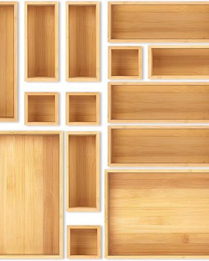 Bamboo Drawer Organizer Set, 14 PCS Multi-Use Individual Wood Storage Organizers, Junk Drawer Divider and Storage Trays Containers for Kitchen, Bathroom, Office Desk, Makeup, Jewelry, Utensils