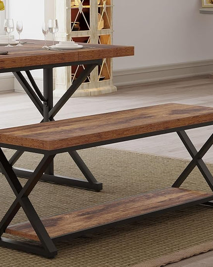 IBF Farmhouse Wood Bench, Industrial Storage Entryway Indoor Bench for Bedroom Hallway Living Room, Rustic Wooden Metal Shoe Rack Accent Foyer Bench Seat for Entrance Sitting, Rustic Brown, 47 in Long