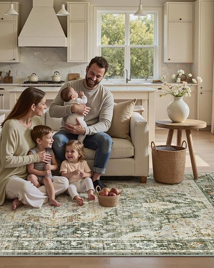 PADOOR-Vintage Area Rug 6X9 Rugs for Living Room-Soft Olive Green Rugs for Bedroom-Machine Washable Rugs Non Slip Carpet-Rug for Dining Room Living Room Bedside Office