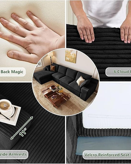 136" Cloud Couch Modular Sectional Sofa for Living Room, L-Shape Boneless Couch with Deep Seat, Modern Corduroy 4-Seater, No Assembly Required (Black,Left-Facing Chaise)