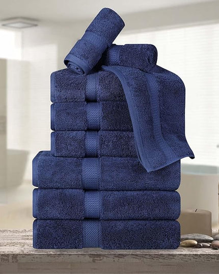 Superior Egyptian Cotton Pile 9 Piece Towel Set, Includes 3 Bath, 3 Hand, 3 Face Towels/Washcloths, Ultra Soft Luxury Towels, Thick Plush Essentials, Guest Bath, Spa, Hotel Bathroom, Navy Blue