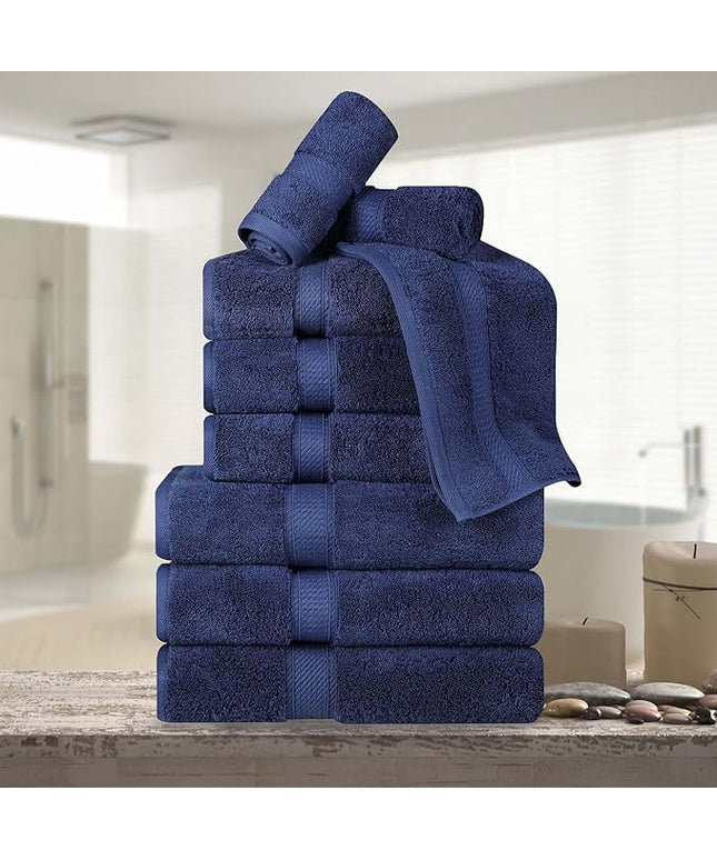 Superior Egyptian Cotton Pile 9 Piece Towel Set, Includes 3 Bath, 3 Hand, 3 Face Towels/Washcloths, Ultra Soft Luxury Towels, Thick Plush Essentials, Guest Bath, Spa, Hotel Bathroom, Navy Blue