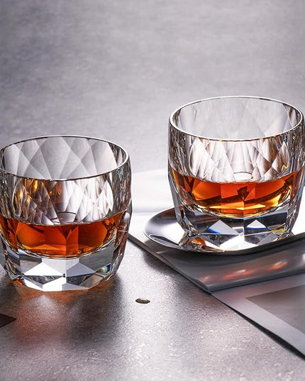 KAMMAK Crystal Whiskey Glasses Set of 2, 7.1oz Old Fashioned Glasses Stemless, Hand Blown White Cocktail Glasses, Luxury Handcrafted Cut Ice Ball Cup for Women, Perfect Men Gift for Bourbon