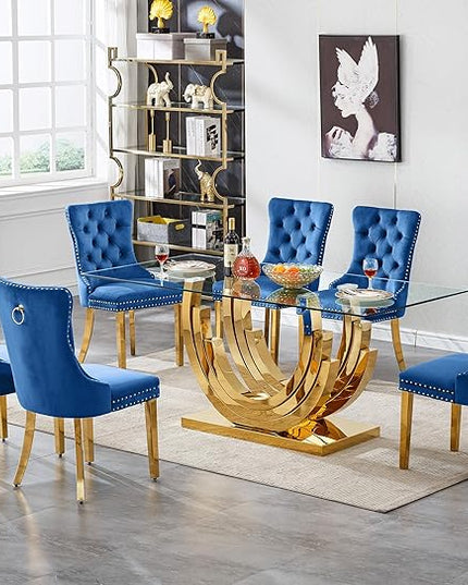 Henf 7-Piece Glass Dining Table Set with 6 Upholstered Dining Chairs, Large Gold Dining Table and Chair Set for 6, Modern Kitchen Table Furniture for Dining Room, Stainless Steel Base and Glass Top
