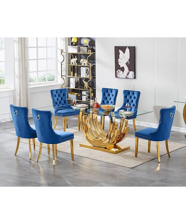 Henf 7-Piece Glass Dining Table Set with 6 Upholstered Dining Chairs, Large Gold Dining Table and Chair Set for 6, Modern Kitchen Table Furniture for Dining Room, Stainless Steel Base and Glass Top