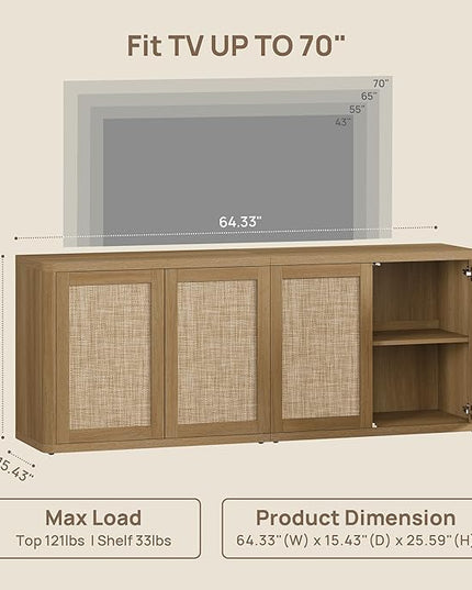 SICOTAS Rattan TV Stand for 65 70 inch TV - Large Entertainment Center TV Consoles for Living Room Bedroom, Farmhouse Television Stands with Storage Cabinet Boho Modular Media Console, Amber Oak