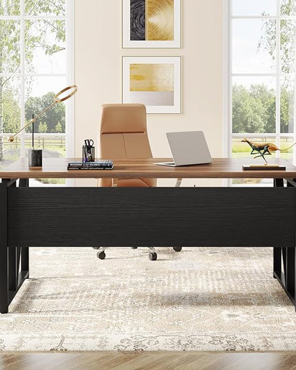 Tribesigns 55 inches Computer Desk with Bottom Storage Shelf Home Office Desk Writing Table for Workstation, Dark Walnut + Steel Leg, Cabinet not Included (Walnut, 55-inch -with Shelf)