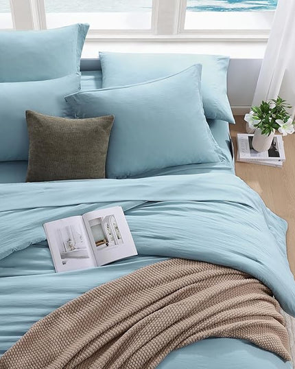 WRENSONG Full Size Comforter Sets- 7 Pieces Soft Blue Bed in a Bag with Fitted Sheet, Flat Sheet, 2 Pillow Shams, 2 Pillowcases, Warm Bedding Sets for All Season