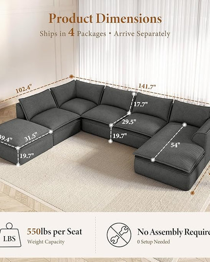 Vesgantti 141.7" Oversized Boneless Sectional Couch, Modern 7 Seater Modular Sofa with Chaise & Ottoman, Deep Seat Corduroy Cloud Couches for Living Room, No Assembly Required, Dark Gray