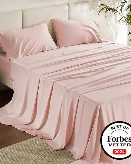 Bedsure California King Sheet Sets, Cooling Sheets for Hot Sleepers, Rayon Derived from Bamboo, Breathable & Soft, Deep Pocket Up to 16 Inches, Hotel Luxury Silky Bedding, Pink