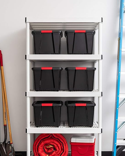 IRIS USA 40 Qt Stackable Plastic Storage Bins with Lids, 6 Pack - BPA-Free, Made in USA - Garage Organizing Solution, Latches, Durable Nestable Containers, Secure Pull Handle - Black