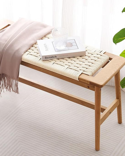 OGMILL 33.5" L Wood Dining Bench Indoor, 100% Natural Solid Oak Bed Bench Hand Woven Enterway Bench Small Bench for Dining Room, Bedroom, Kitchen (Creamy White)