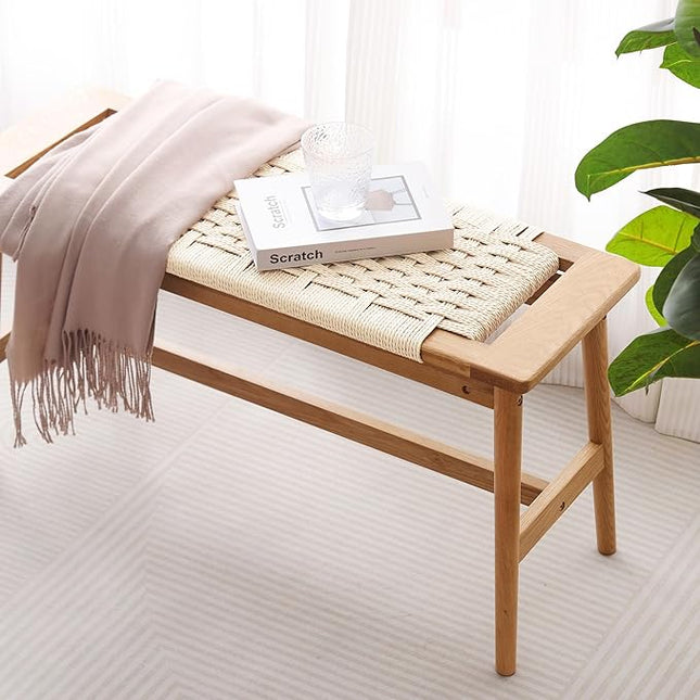 OGMILL 33.5" L Wood Dining Bench Indoor, 100% Natural Solid Oak Bed Bench Hand Woven Enterway Bench Small Bench for Dining Room, Bedroom, Kitchen (Creamy White)