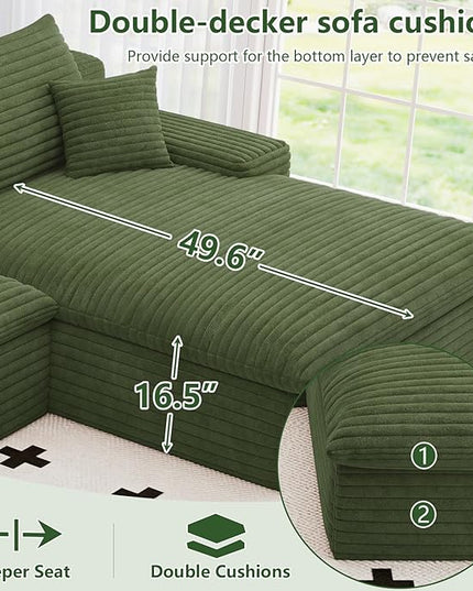 107" Cloud Couch Modular Sectional Sofa for Living Room, U-Shape Boneless Couch with Deep Seat, Modern Corduroy 3-Seater with Ottoman, No Assembly Required (Green,Right-Facing Chaise)