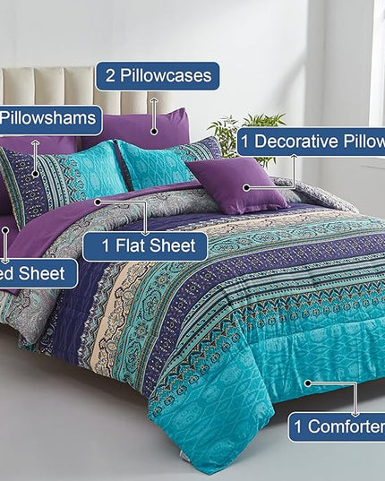 Boho Comforter Set California King Size 8 Piece Bed in a Bag Bohemian Striped Bedding Quilt Set Aqua Paisley Floral Comforter and Sheet Set,Soft Microfiber Complete Bedding Sets for All Season