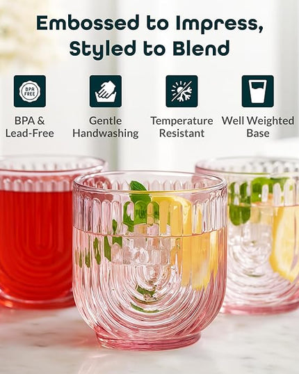 Glaver's Vintage Glassware Art Deco Glasse Ribbed Drinking Glasses U-Shape Arch Design Colored Cocktail Kitchen Tumblers Everyday Dinner Decorative Party (Pink S/4 11oz)