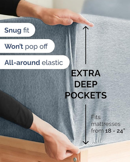 Extra Deep Cal King Sheet Set - 6 Piece Breathable & Cooling Sheets - Hotel Luxury Bed Sheets Set - Easy Fit - Soft, Wrinkle Free & Comfy Sheets Set - Heathered Blue Sheet Set w/Extra Deep Pockets