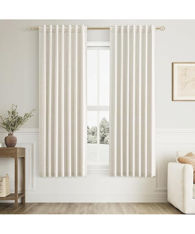 Guken Cream Linen Blackout Curtains 58 Inch Length 2 Panels Set for Living Room Bedroom Back Tab Thermal Insulated 100% Black Out Linen Drapes Room Darkening Window Curtains