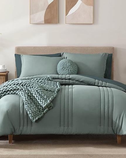 Monbix Oversized Queen Comforter Set - 7 Pieces Sage Green Bed in a Bag Oversized Queen Bedding Sets with Comforters, All Seasons Down Alternative Comforter Bed Set with Sheets,Pillowcases & Shams