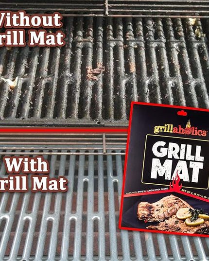 Grillaholics Heavy Duty Grill Mats - Set of 2 BBQ Mats Built to Last - Make Grilling Easier & Keep Grates Looking New - The Perfect Grilling Gift