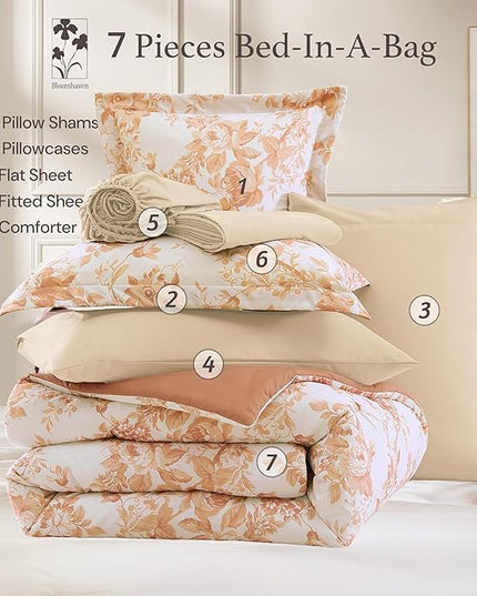 Queen Comforter Set -7 Pieces Autumn Leaf Floral Comforter Set for All Seasons, Bed in a Bag Queen with Botanical Flowers Comforter, Sheets, Pillowcases & Shams