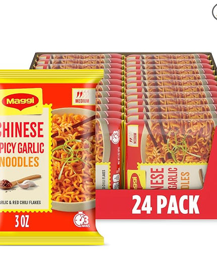 Maggi Chinese Spicy Garlic Noodles, Instant Ramen Noodles, 3 min, Vegetarian, Halal, Kosher, 24-Pack