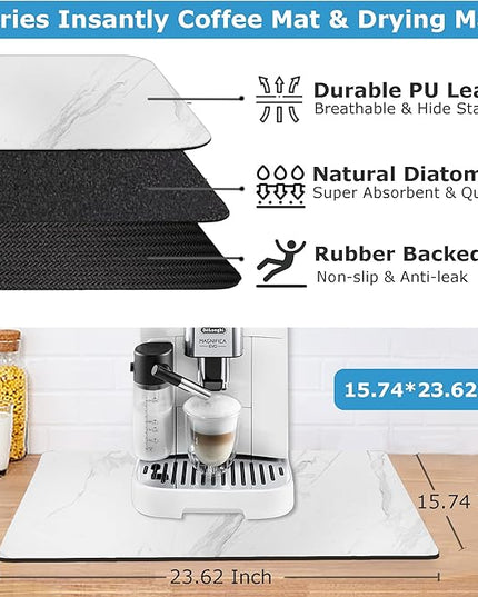 Dish Drying Mat Coffee Bar Mat for Kitchen Counter, Absorbent Dish Rack Pad Hide Stain with Non-slip Rubber Backed Coffee Accessories Fit Under Espresso Machine Maker White Marble 22.83"x14.96"