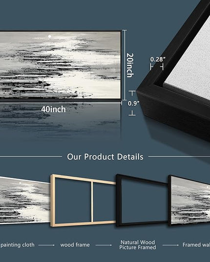 XIGUANGART Abstract Wall Art for Living Room Large Framed Black and white Canvas Print Minimalist Ocean Sunset Landscape Pictures Inspiration Modern Painting For Bedroom Office Home Wall Decor 20x40