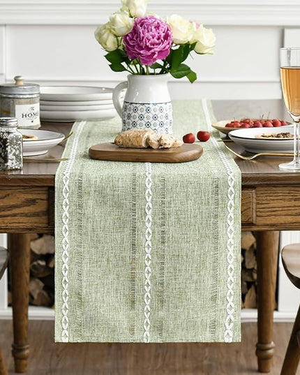 Artoid Mode Sage Green Rustic Cotton Linen Table Runner, Seasonal Embroidered Hollow Kitchen Dining Table Decoration for Home Party Decor 13x36 Inch