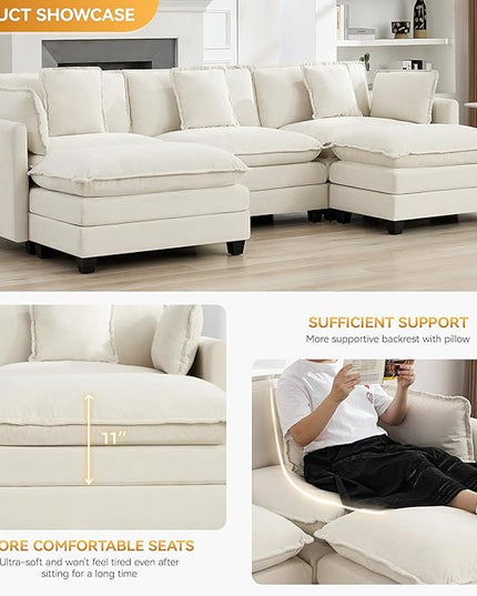 111'' Sectional Cloud Deep Seat Couch, Oversized Chenille U Shaped Sectional Sofa for Living Room Set, Comfy Upholstered Modular 5-Seats Sectional Sofa Couch with 2 Movable Ottoman, Beige