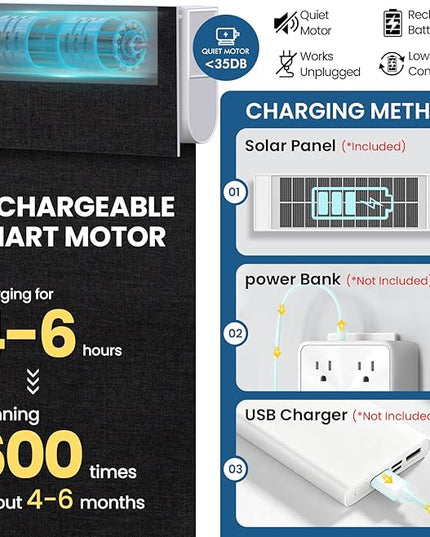 No Drill Motorized Blinds with Remote, Blackout Automatic Blinds with Solar Panel, Cordless Smart Electric Roller Shades for Windows, Black, 46½ x 72