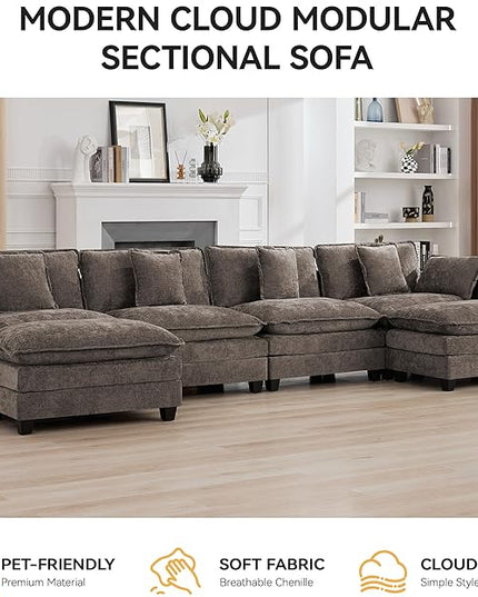 147'' Sectional Cloud Deep Seat Couch, Oversized Chenille U Shaped Sectional Sofa for Living Room Set, Comfy Upholstered Modular Sectional Sofa Couch with Movable Ottoman, Brown