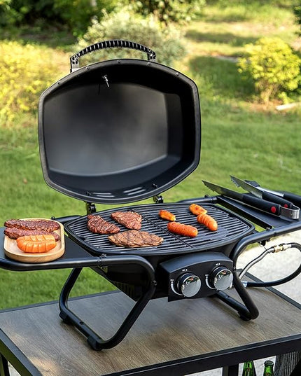 Captiva Designs Portable Propane Grill, 15,000 BTU Output TableTop Liquid Gas Grill with 2 Stainless Steel Burners, 275 sq.in. Cooking Area with Side Tables