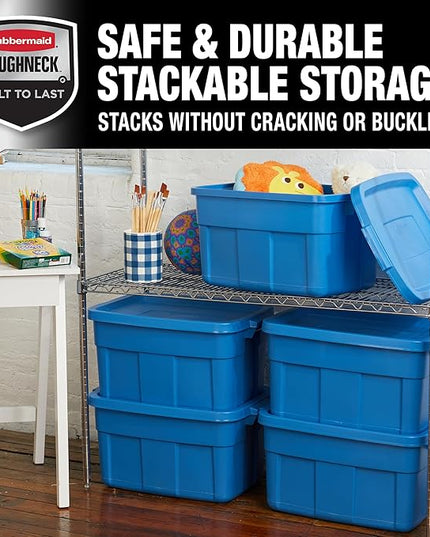 Rubbermaid Roughneck Tote 14 Gal, 6 Pack, Made in USA, Heritage Blue, Rugged Plastic Stackable Storage Bins with Lids and Handles