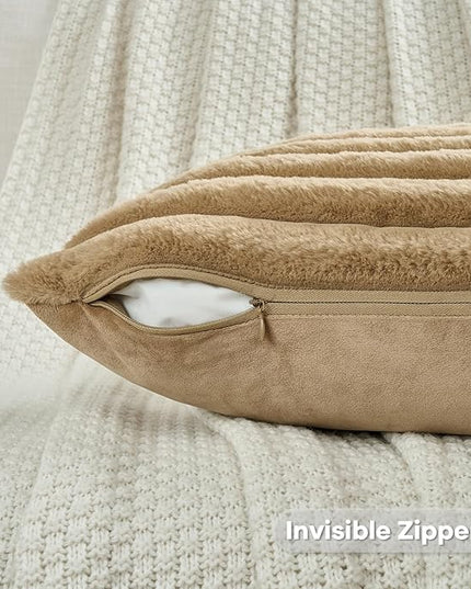 FUTEI Camel Throw Pillow Covers Set of 2, 22x22 Inch Striped Texture Cushion Cases with Soft Faux Rabbit Fur Front & Velvet Back, Modern Decorative Couch Pillows for Living Room