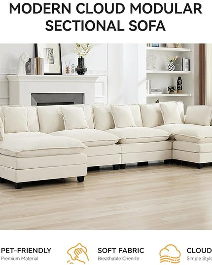 147'' Sectional Cloud Deep Seat Couch, Oversized Chenille U Shaped Sectional Sofa for Living Room Set, Comfy Upholstered Modular Sectional Sofa Couch with 2 Movable Ottoman, Beige