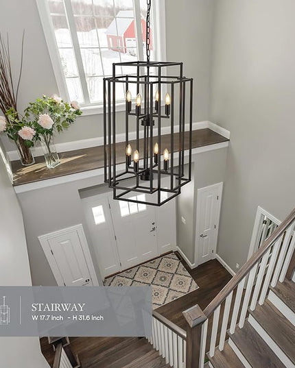 8-Light Lantern Tiered Pendant Light Fixtures, Black Metal Farmhouse Chandelier Hall Foyer Hanging Chandelier for Kitchen Island Dining Room Living Room Foyer Entryway, Black